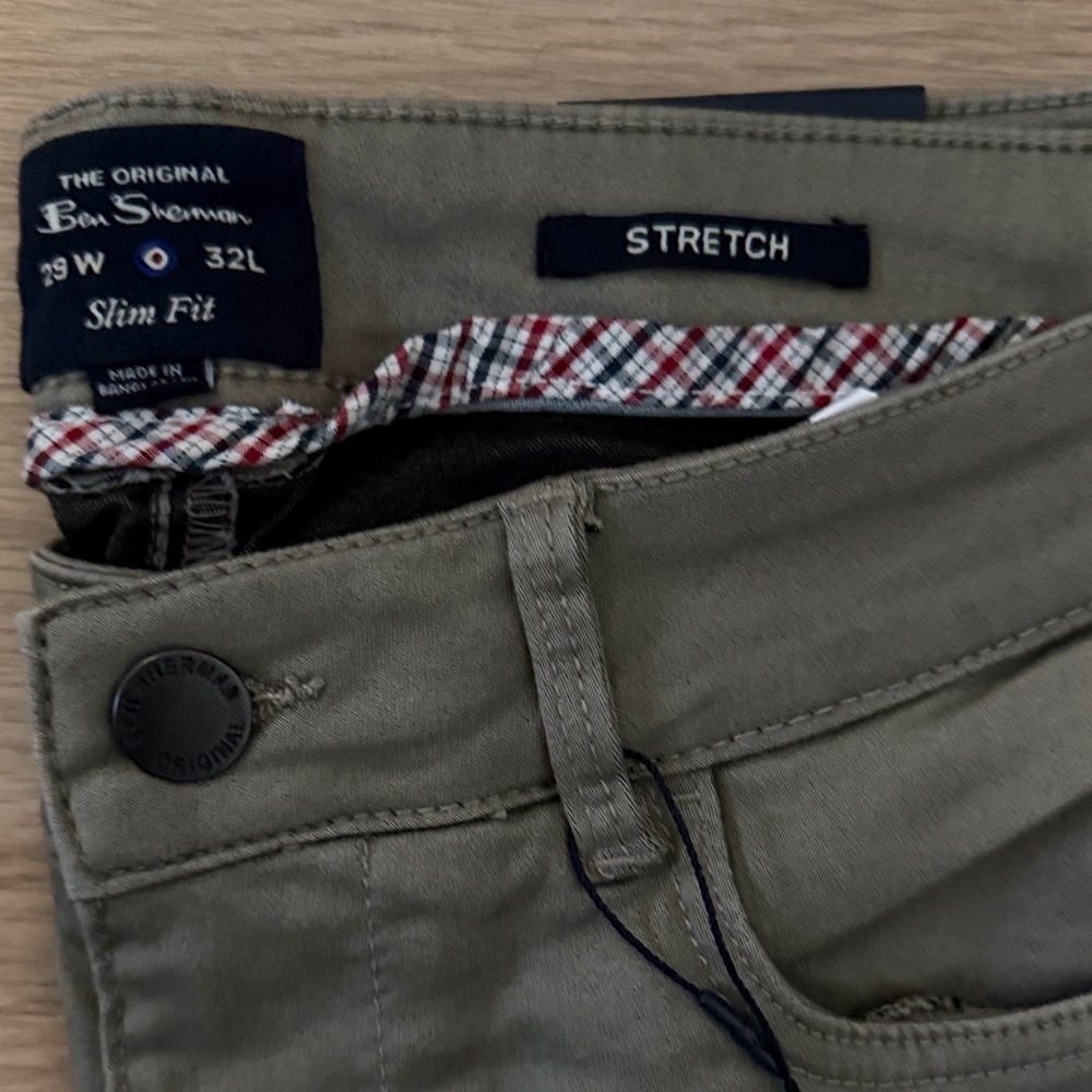 Men’s Ben Sherman Olive Stretch Slim Pants 29x32 NWT - Picture 2 of 4